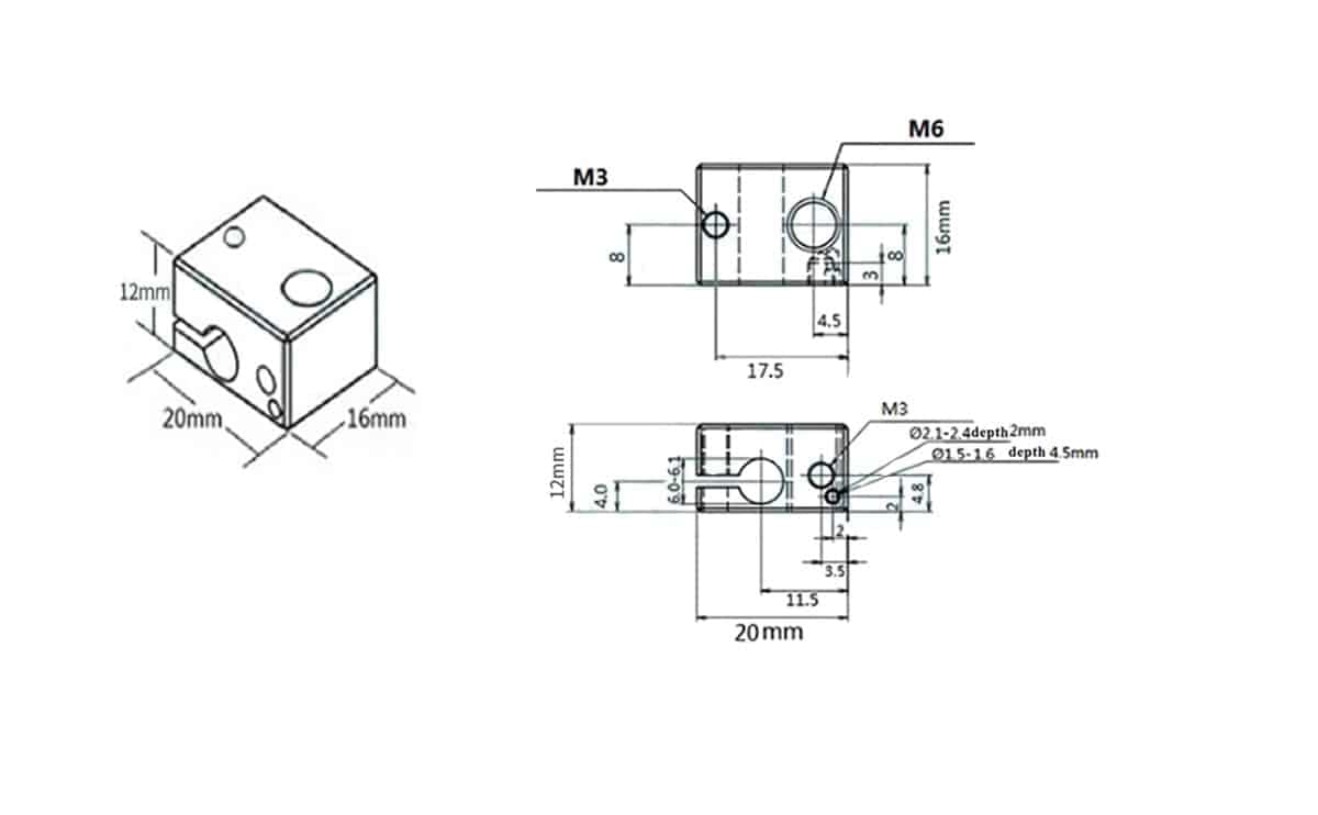 Heating Block V6 Aluminum size of 20x16x12mm For E3D V6 Hotend J-Head Extruder Parts 3D Printer Accessories - Image 2