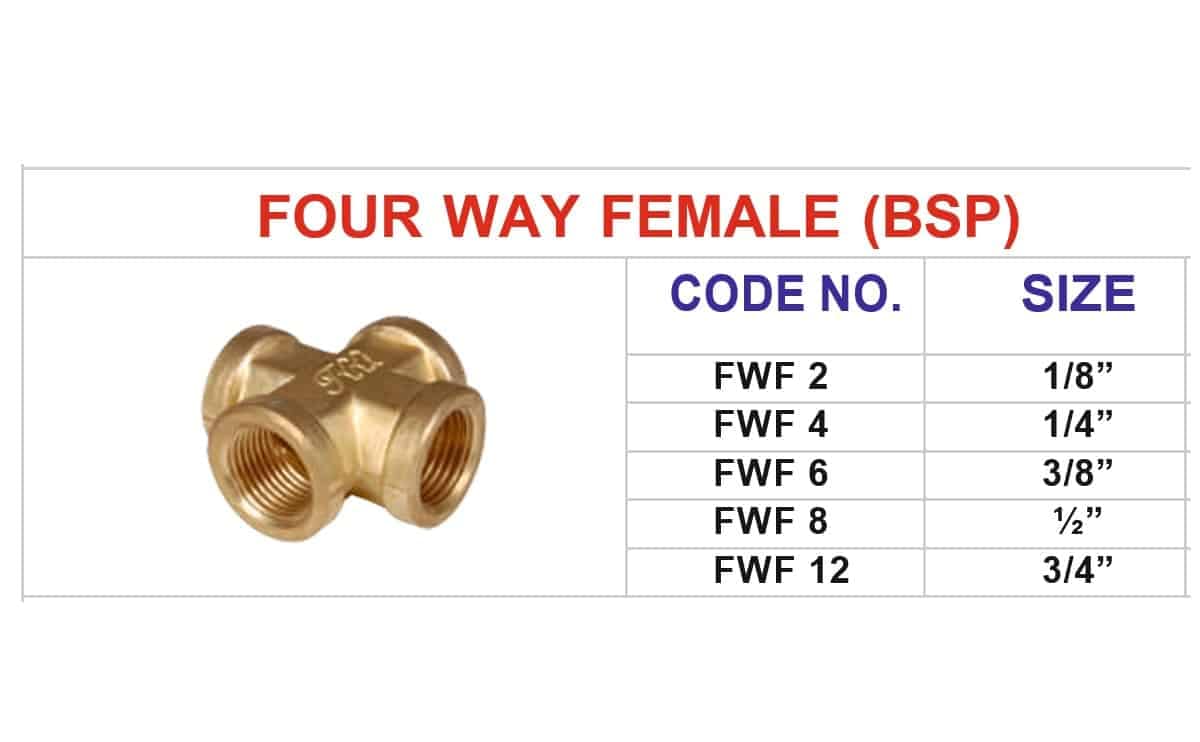 Brass four way female pipe fittings for chemicals, flammable gases, slurries, and other plumbing applications - Image 2