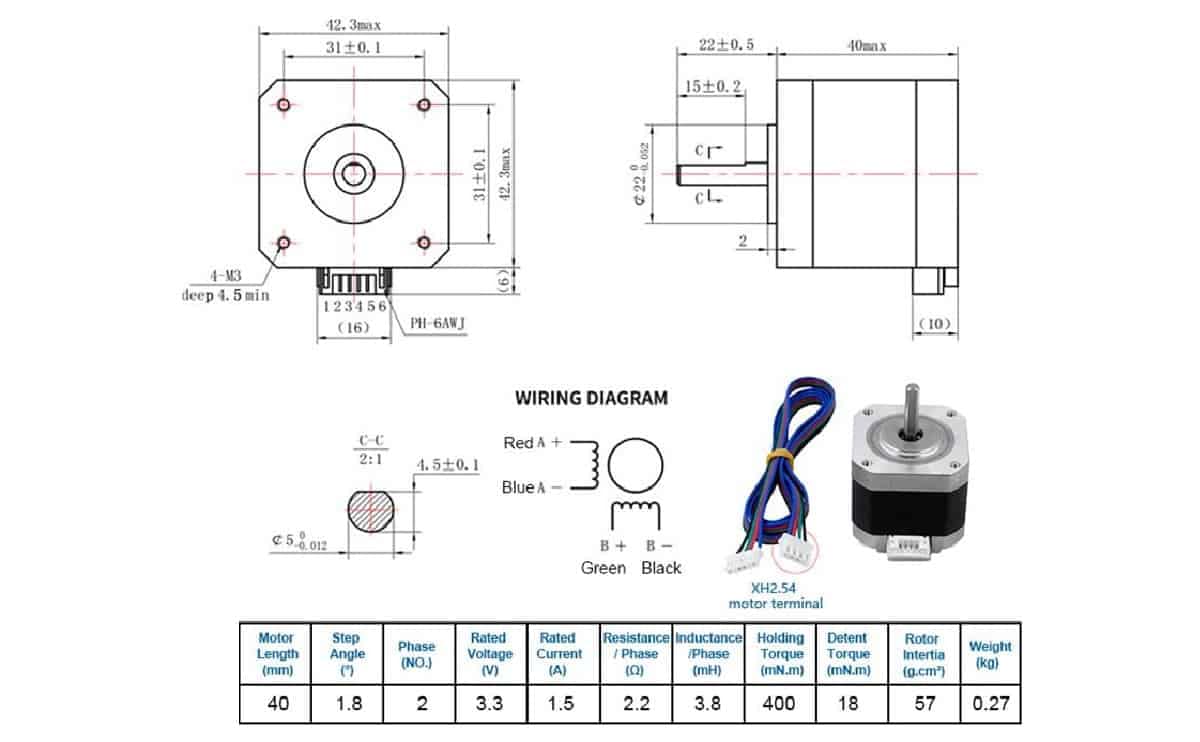 Nema17 4Kgcm/4.4Kgcm stepper motor 1.5A with 6pin JST to 4pin JST wire for 3D printer - Image 2