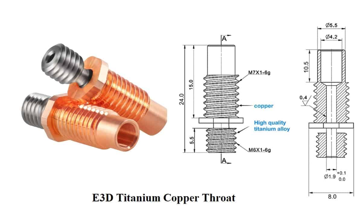E3D Titanium copper throat / TC4 Titanium alloy V6 for E3D V6 volcano hotend Prusa I3 MK3/MK3S 1.75mm filament - Image 4