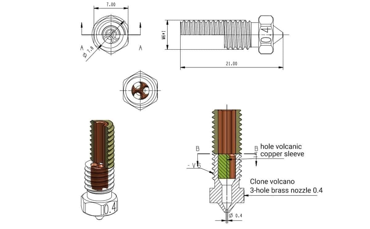 Volcano CHT nozzle brass nozzle 1.75mm filament for 3D printer - Image 3