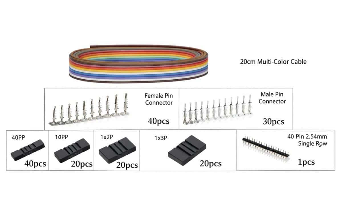 DuPont Connector Kit for 3D Printers 2.54mm Pitch 1–4 Pin Housings, Male/Female Crimp Pins, Single‑Row Header + 2m 28AWG Ribbon Cable 4 DuPont connector kit for 3D printer
