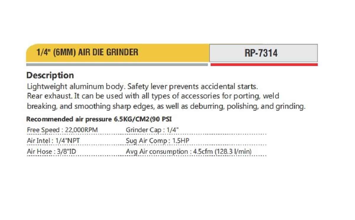 Professional Pneumatic Tools 1/4" (6MM) AIR DIE GRINDER RP-7314 2 Professional Pneumatic Tools 1/4" (6MM) AIR DIE GRINDER RP-7314 - Image 2