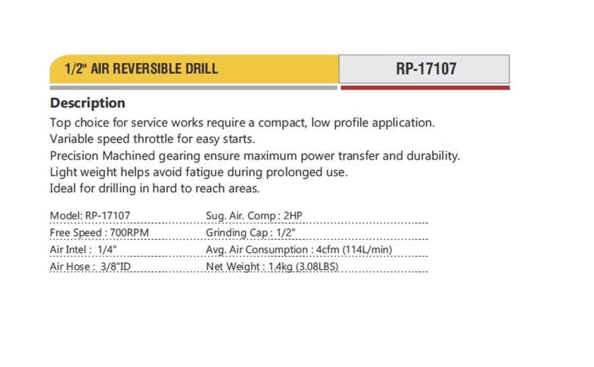 Professional Pneumatic Tools 1/2" AIR REVERSIBLE DRILL RP-17107 2 Professional Pneumatic Tools 1/2" AIR REVERSIBLE DRILL RP-17107 - Image 2