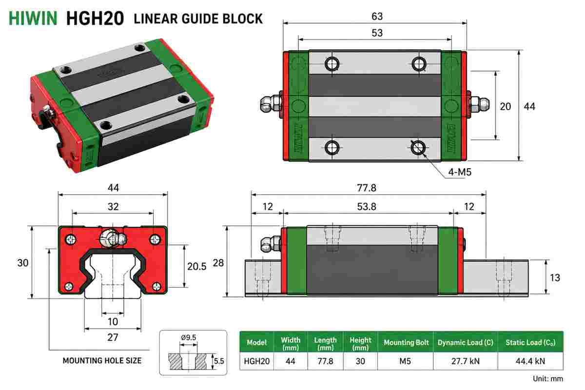 Hiwin HGH20 Linear Guide Block 20mm Heavy Load Linear Motion Bearing 3 Hiwin HGH20 Linear Guide Block 20mm Heavy Load Linear Motion Bearing - Image 3