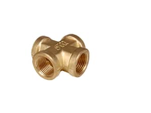Brass four way female pipe fittings for chemicals, flammable gases, slurries, and other plumbing applications