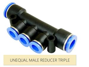 Pneumatic reducer unequal male reducer triple fittings Akari push in fittings for air, inert gases and other industrial and domestic applications