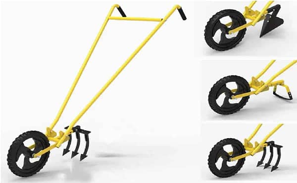 Manual weeder with furrow, tooth cultivator, weeder attachments for agricultural and garden equipments